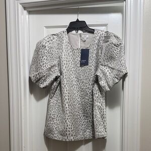crown & ivy Ivory Blouse with Gray Animal Dot Puff Sleeves